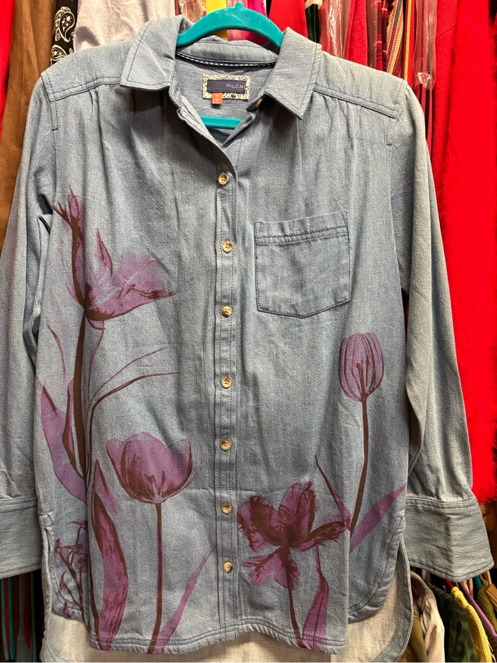 Pilcro Light Blue Denim Shirt with Purple Floral Print
